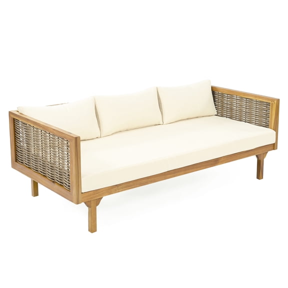 GDF Studio Acacia Wood 3-Seater Daybed with Slat Panel Design, Rattan Armrests, and Beige Cushions
