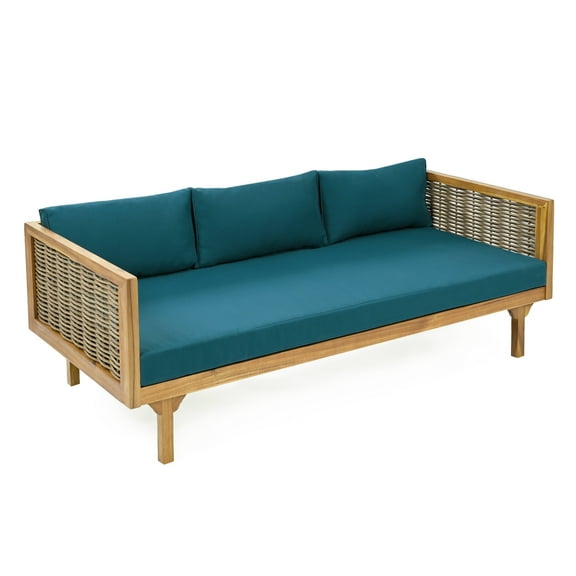 GDF Studio Acacia Wood 3-Seater Daybed with Slat Panel Design, Rattan Armrests, and Teak Cushions
