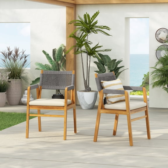 GDF Studio Acacia Wood Outdoor Chairs with Grey Rope Woven Backrest, Set of 2