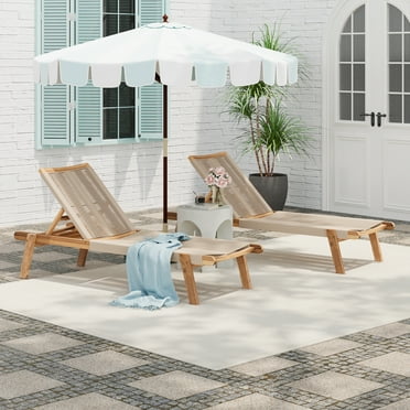 GDF Studio Acacia Wood Outdoor Chaise Lounges with Rope Seating and Adjustable Positions, Teak+ Beige, Set of 2