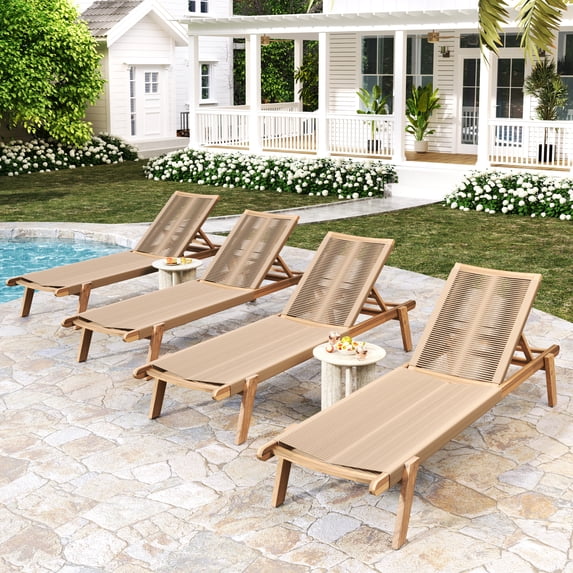 GDF Studio Acacia Wood Outdoor Chaise Lounges with Rope Seating and Adjustable Positions, Teak+ Beige, Set of 4
