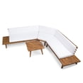 thumbnail image 1 of GDF Studio Adelia Indoor/Outdoor Acacia Wood 5 Seater Sectional Sofa Set with Cushions, Sandblasted Brown and White, 1 of 14