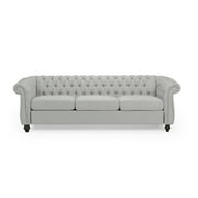 GDF Studio Adetokunbo Chesterfield Fabric Tufted 3 Seater Sofa with Nailhead Trim, Cloud Gray and Dark Brown