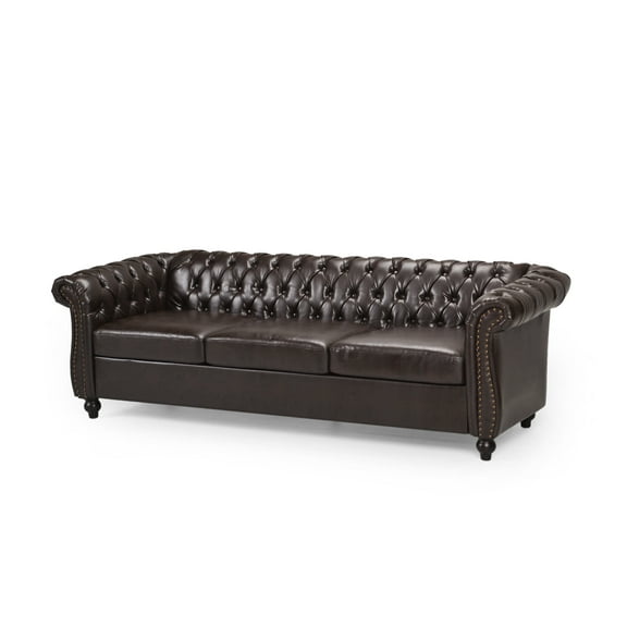 GDF Studio Adetokunbo Chesterfield Tufted 3 Seater Sofa, Brown Faux Leather and Dark Brown