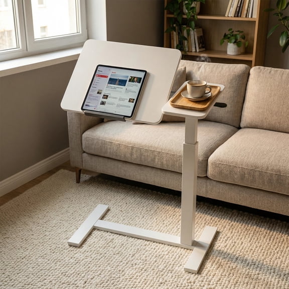 GDF Studio Adjustable Overbed Desk with Flip Top and Hidden Wheels, Portable Laptop Table, White