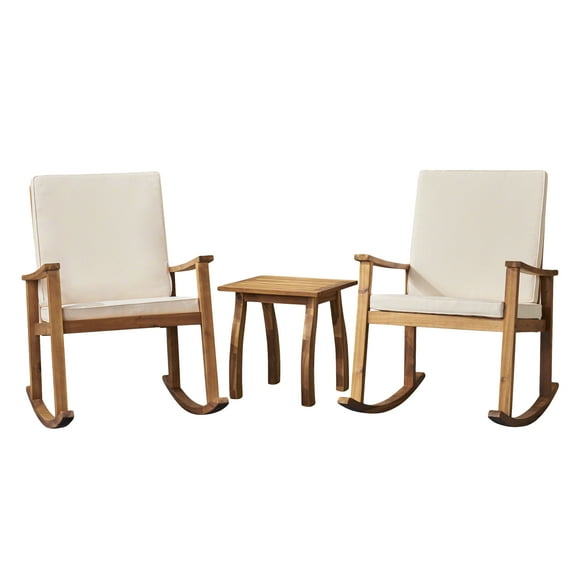 GDF Studio Aeney Outdoor Acacia Wood 3 Piece Rocking Chair Chat Set with Cushions, Teak and Cream