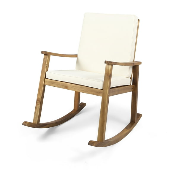 GDF Studio Aeney Outdoor Acacia Wood Rocking Chair with Cushions, Teak and Cream