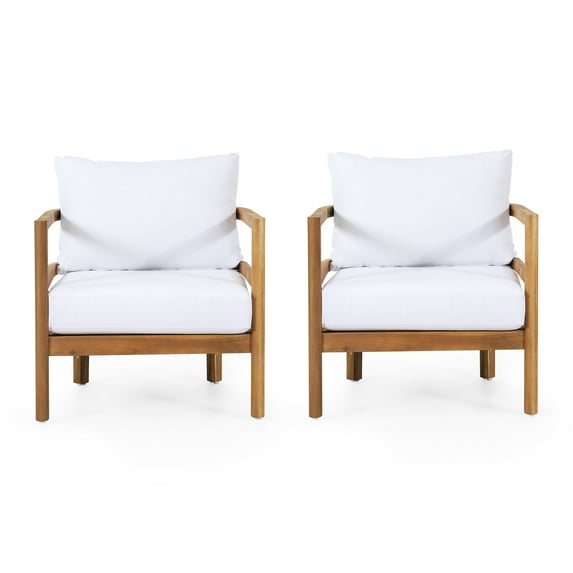 GDF Studio Aggie Outdoor Acacia Wood Club Chair with Cushions, Set of 2, Teak and White