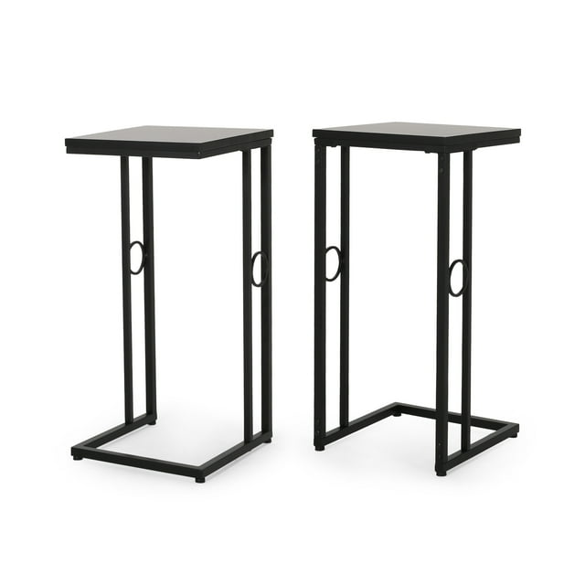 GDF Studio Agnes Modern Iron and Wood Square Top C Side Table, Set of 2, Black