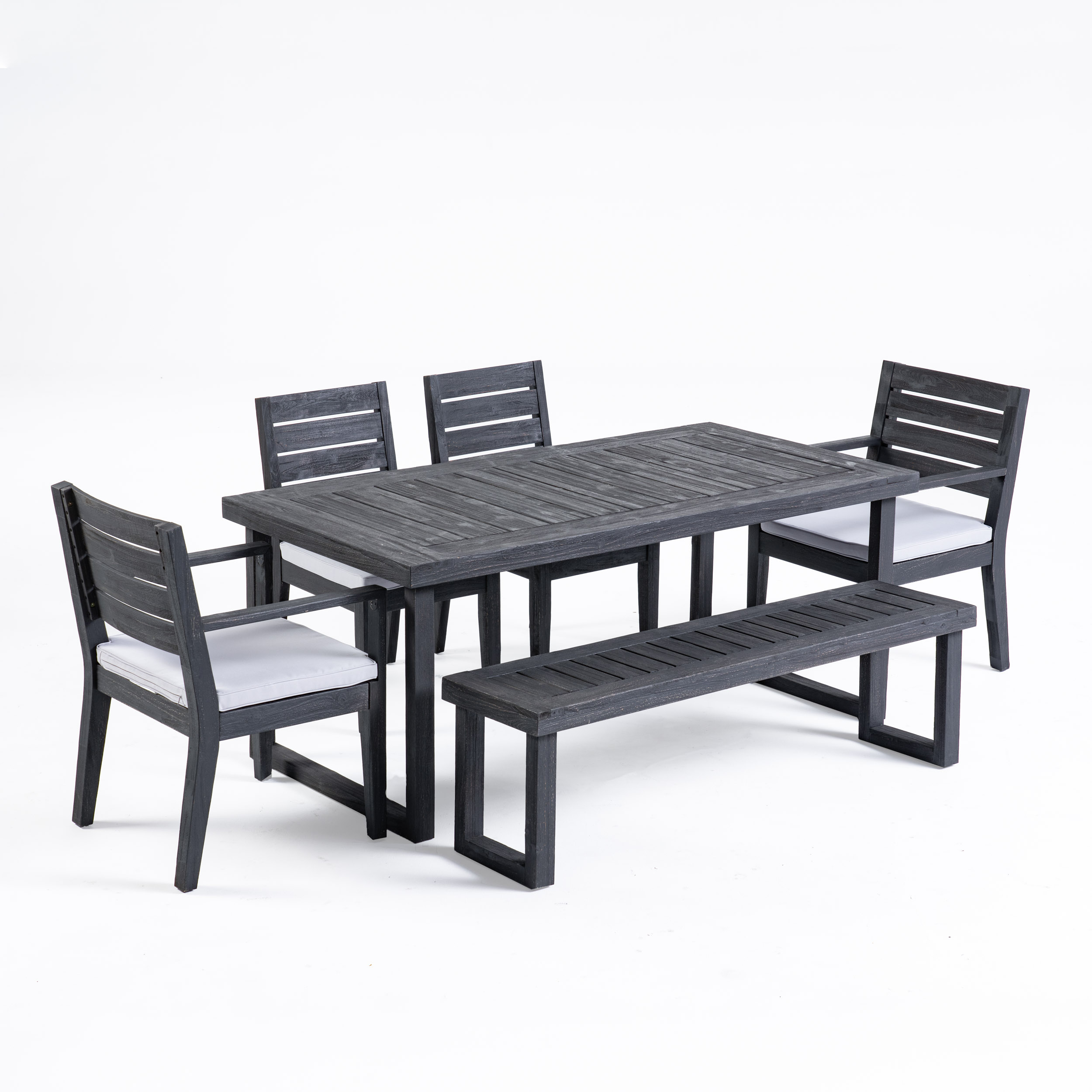 GDF Studio Agnew Outdoor Acacia Wood 6 Piece Dining Set with Bench, Sandblasted Dark Gray and Light Gray - image 1 of 12