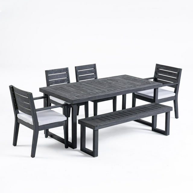 GDF Studio Agnew Outdoor Acacia Wood 6 Piece Dining Set with Bench, Sandblasted Dark Gray and Light Gray