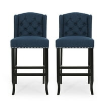 GDF Studio Ahart Contemporary Fabric Tufted Wingback 31 Inch Barstools, Set of 2, Navy Blue and Dark Brown