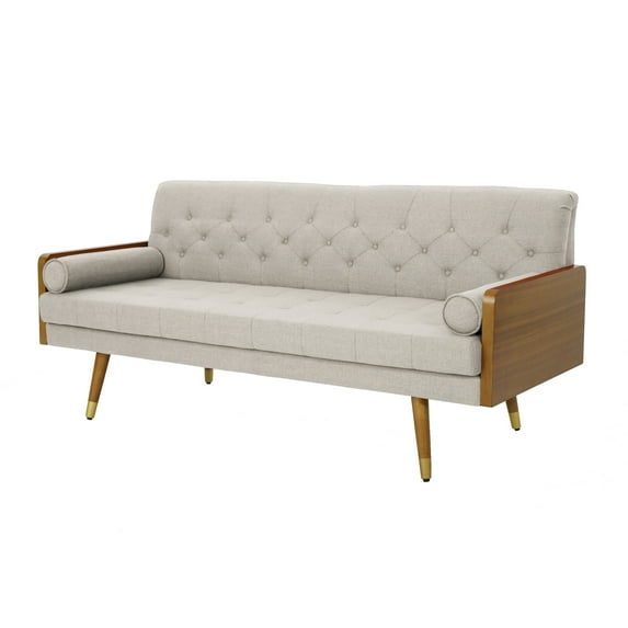 GDF Studio Aidan Mid Century Modern Tufted 3 Seater Sofa with Bolster Pillows, Beige Fabric and Dark Walnut