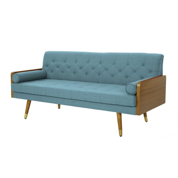 GDF Studio Aidan Mid Century Modern Tufted 3 Seater Sofa with Bolster Pillows, Blue Fabric and Dark Walnut