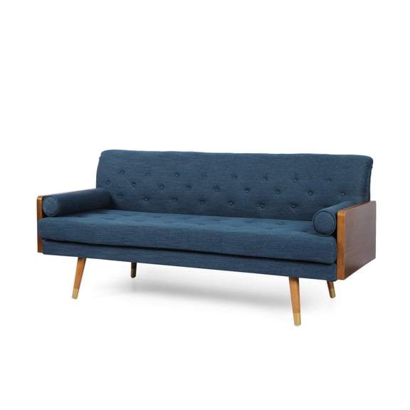 GDF Studio Aidan Mid Century Modern Tufted 3 Seater Sofa with Bolster Pillows, Navy Blue Fabric and Dark Walnut