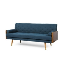 GDF Studio Aidan Mid Century Modern Tufted 3 Seater Sofa with Bolster Pillows, Navy Blue Fabric and Dark Walnut