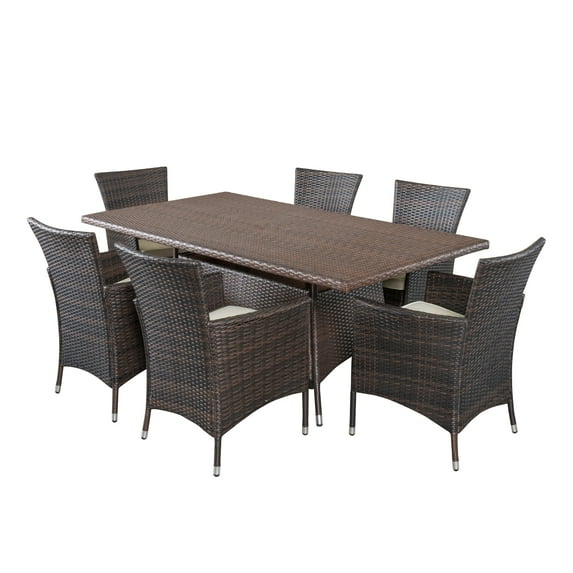 GDF Studio Akira Outdoor Wicker 7 Piece Dining Set with Cushions, Multibrown and Cream