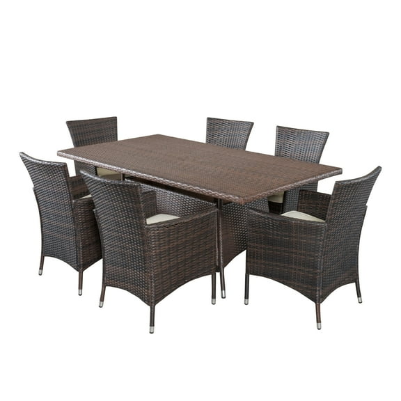 GDF Studio Akira Outdoor Wicker 7 Piece Dining Set with Cushions, Multibrown and Cream