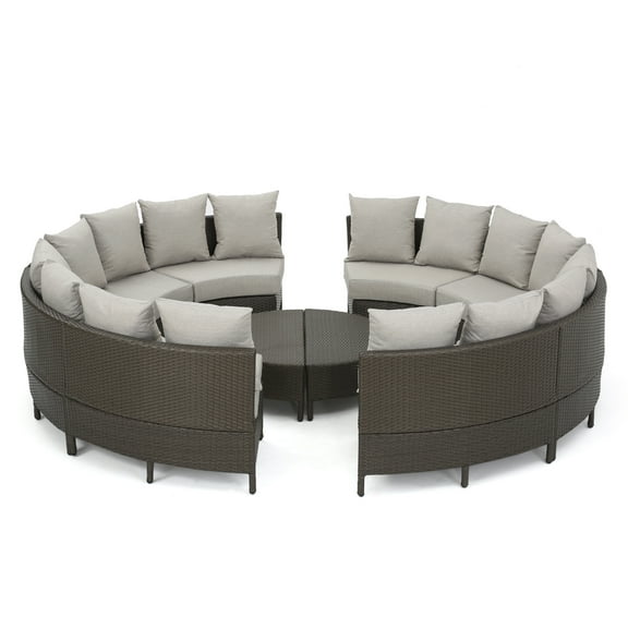 GDF Studio Alacati Outdoor 10 Piece Wicker Sofa Set with Grey Cushions, Light Brown