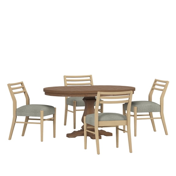 GDF Studio Alachua Farmhouse Fabric Upholstered Wood Expandable 5 Piece Dining Set, Natural Brown, Light Ash, and Gray