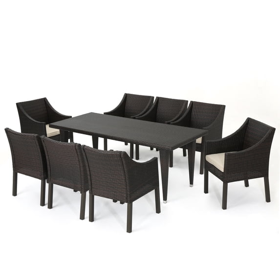 GDF Studio Alanna Outdoor Wicker 9 Piece Dining Set with Cushion, Multibrown and Beige