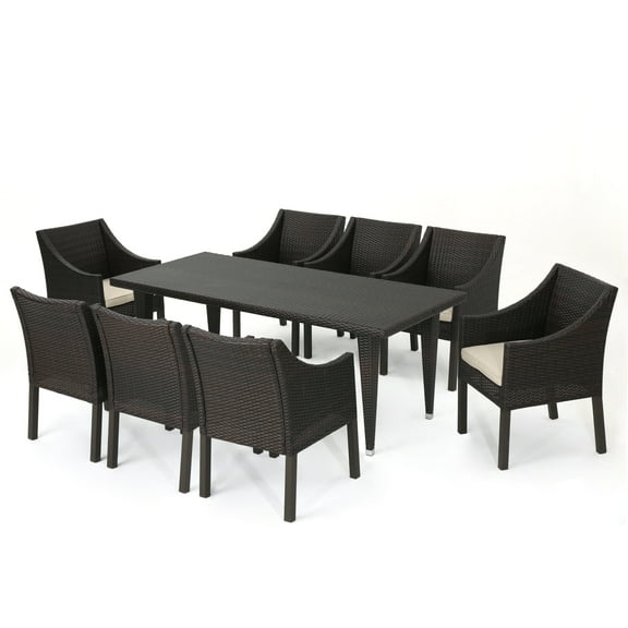 GDF Studio Alanna Outdoor Wicker 9 Piece Dining Set with Cushion, Multibrown and Beige