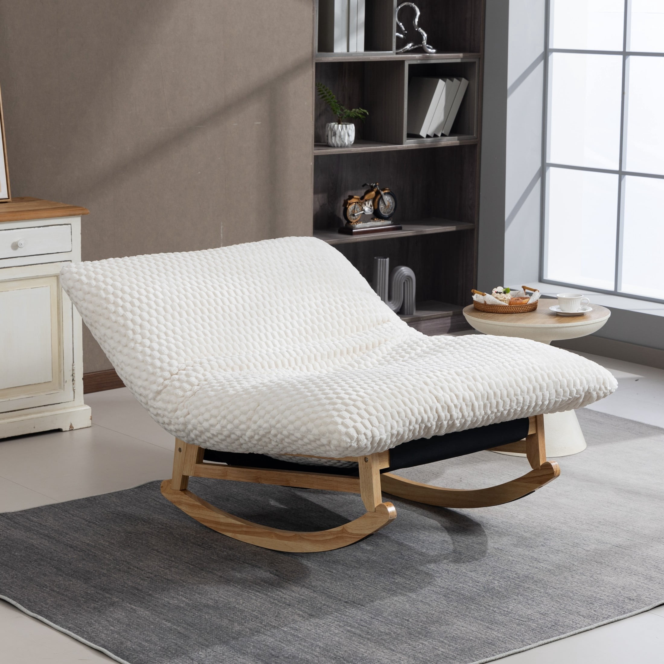 GDF Studio Alaric Corduroy Bean Bag Rocking Chair with Solid Wood Frame, Lazy Sofa for Living Room, Bedroom, Antique White