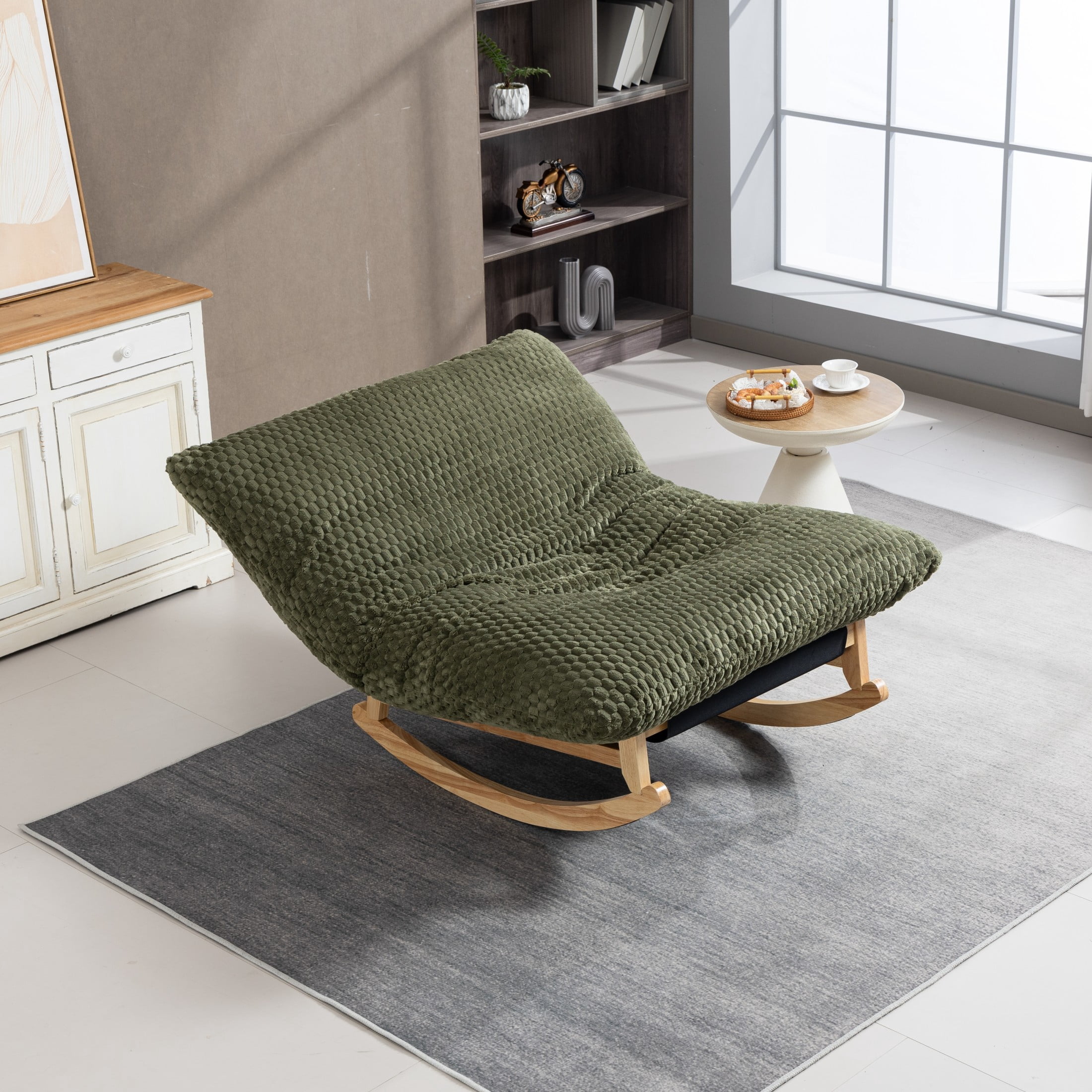 GDF Studio Alaric Corduroy Bean Bag Rocking Chair with Solid Wood Frame, Lazy Sofa for Living Room, Bedroom, Green