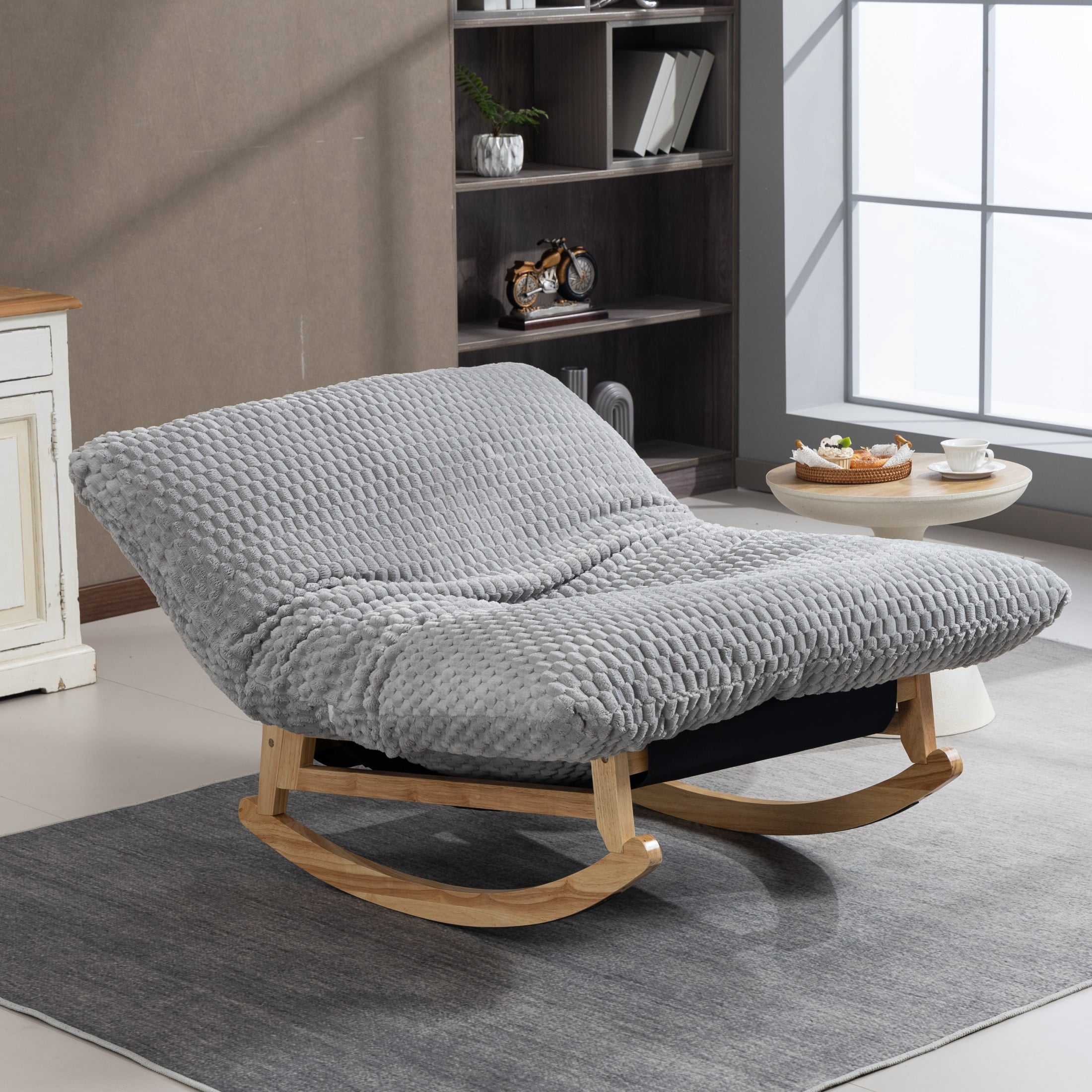 GDF Studio Alaric Corduroy Bean Bag Rocking Chair with Solid Wood Frame, Lazy Sofa for Living Room, Bedroom, Light Grey
