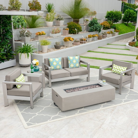 GDF Studio Alec Outdoor Aluminum 4 Seater Chat Set with Fire Pit, Silver, Khaki, and Light Gray