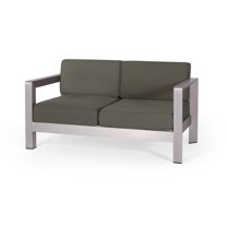 GDF Studio Alec Outdoor Aluminum Loveseat with Cushions, Silver, Khaki