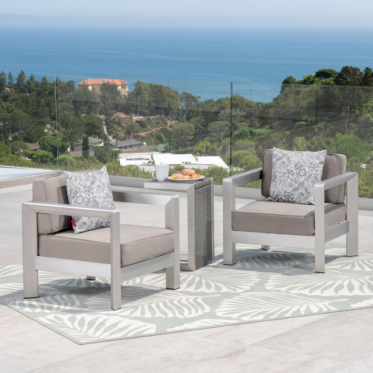 GDF Studio Alec Outdoor Aluminum and Wicker 3 Piece Chat Set with C Shaped Side Table, Silver and Khaki - image 1 of 10