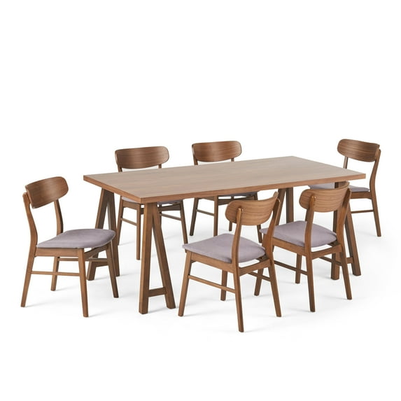 GDF Studio Isador Mid Century Modern Fabric Upholstered Wood 7 Piece Dining Set, Dark Gray and Walnut