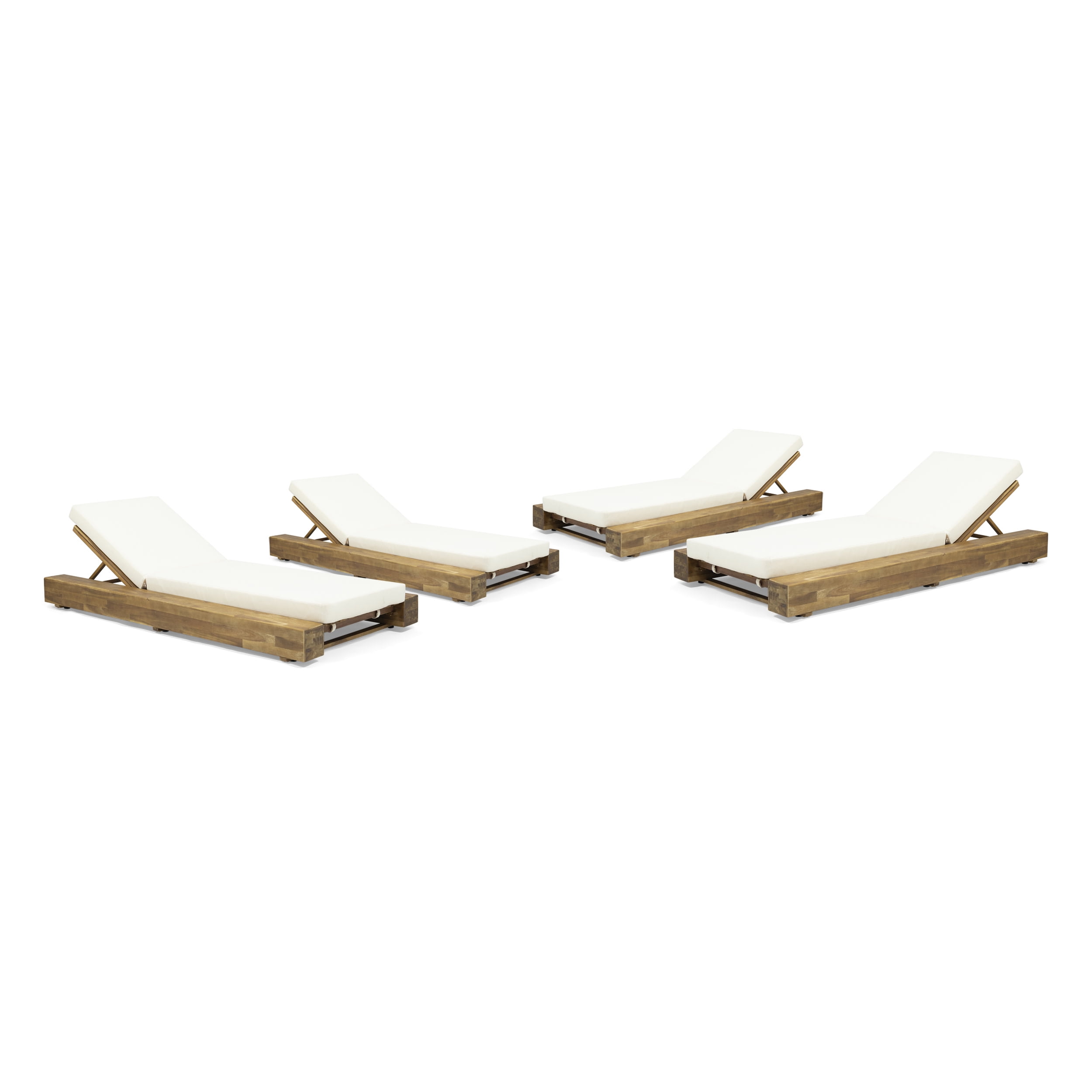 Sandblasted Teak and Cream Acacia Wood Armless Chaise Lounges with Cushions, Set of 4