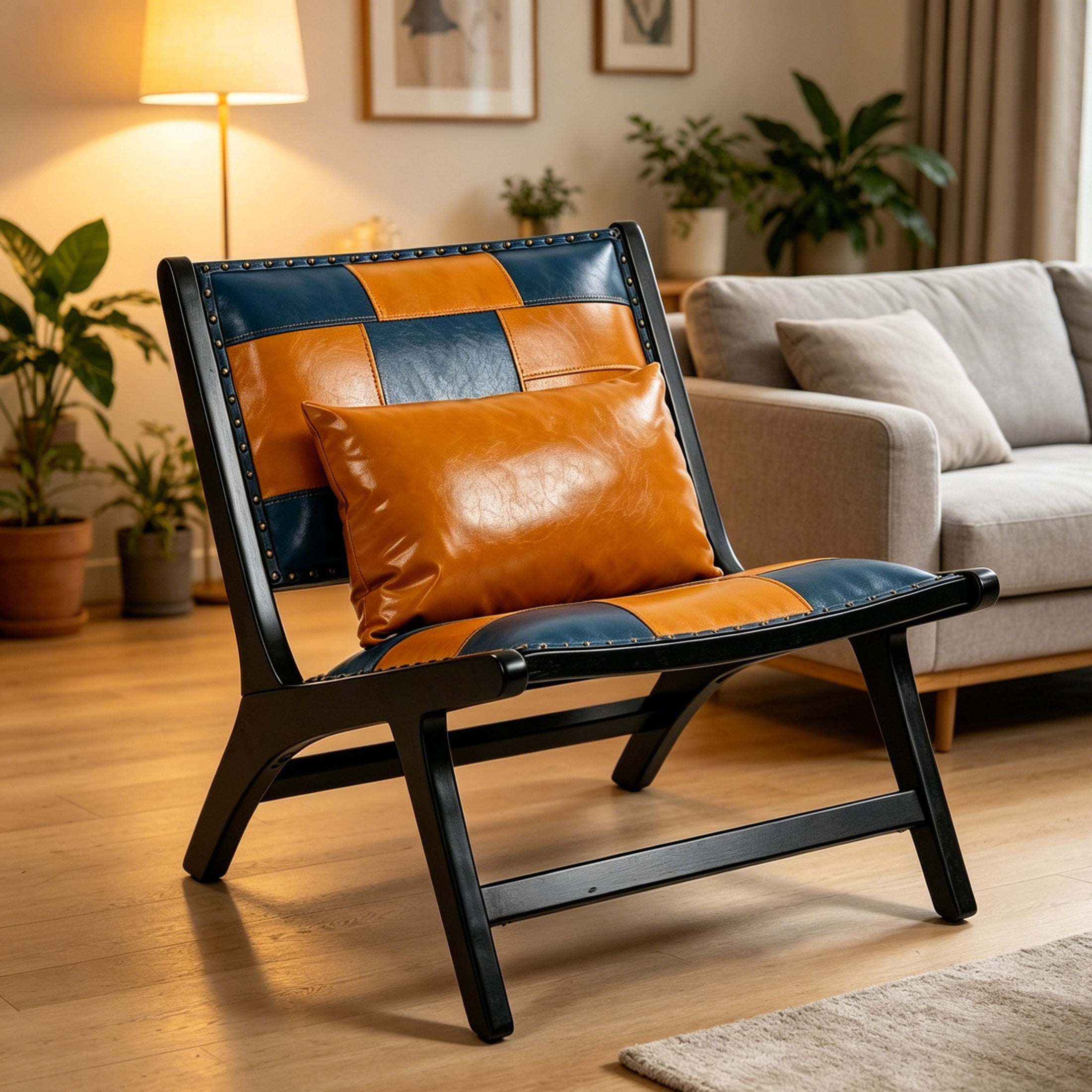 GDF Studio Alida Modern Boho Solid Wood Lounge Chair & Side Chair, PU Leather Upholstered Accent Chair, Blue & Yellow