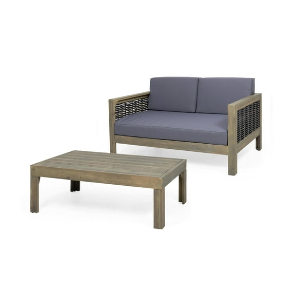 GDF Studio Allegra Outdoor Acacia Wood and Wicker Loveseat and Coffee Table Set with Cushions, Gray, Mixed Gray, Dark Gray