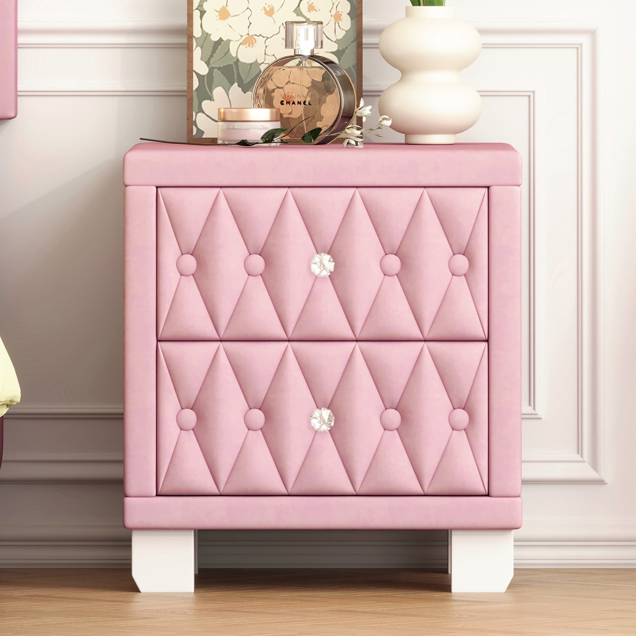 GDF Studio Alley Elegant Velvet 2-Drawer Nightstand with Crystal Handles, Button-Tufted Storage Bedside Table, Pink