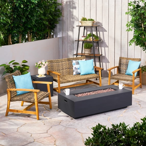 GDF Studio Allison Outdoor 5 Piece Wood and Gray Wicker Chat Set with Fire Pit