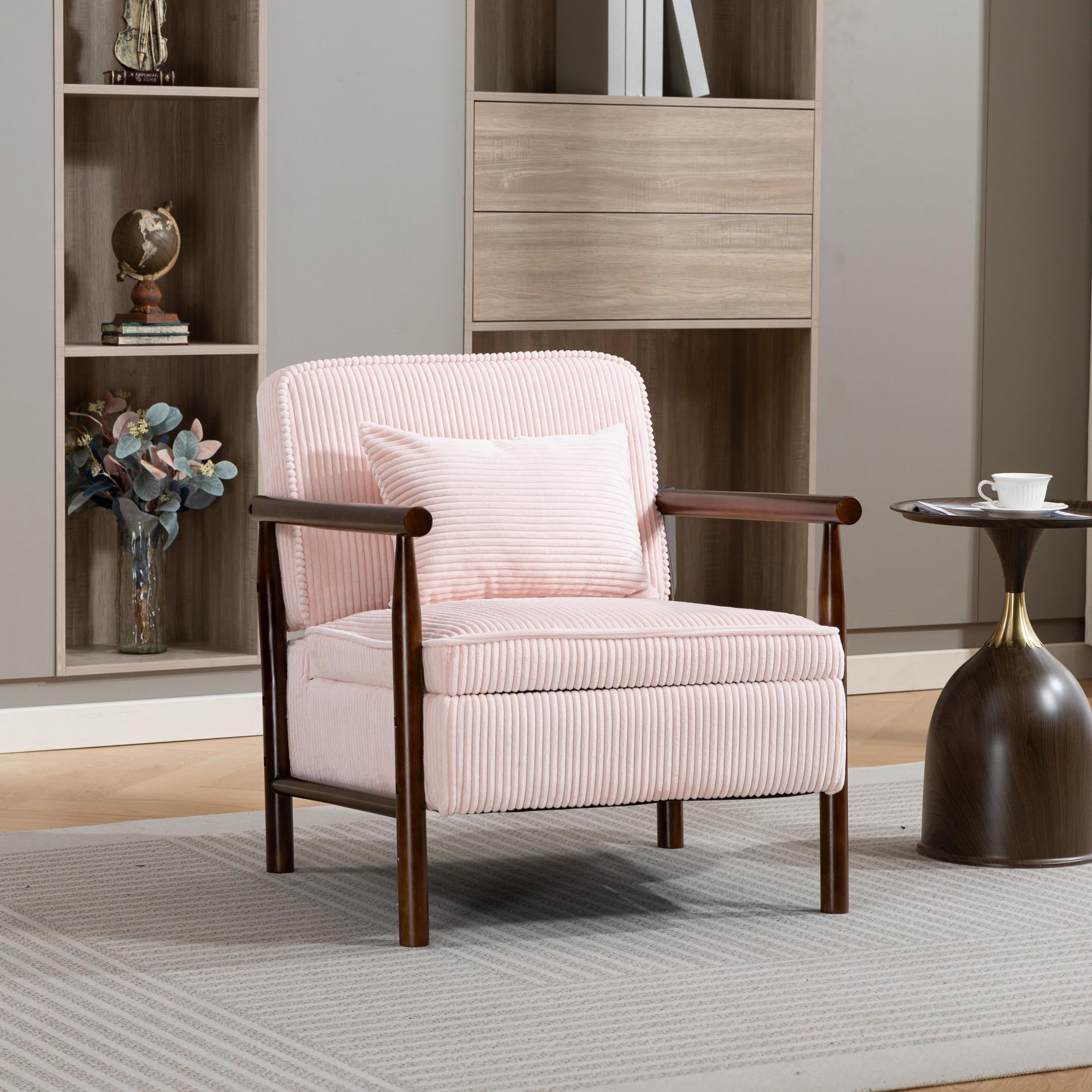 GDF Studio Almere Mid-Century Modern Accent Chair with Under-Seat Storage, Corduroy Reading Armchair, Light Pink