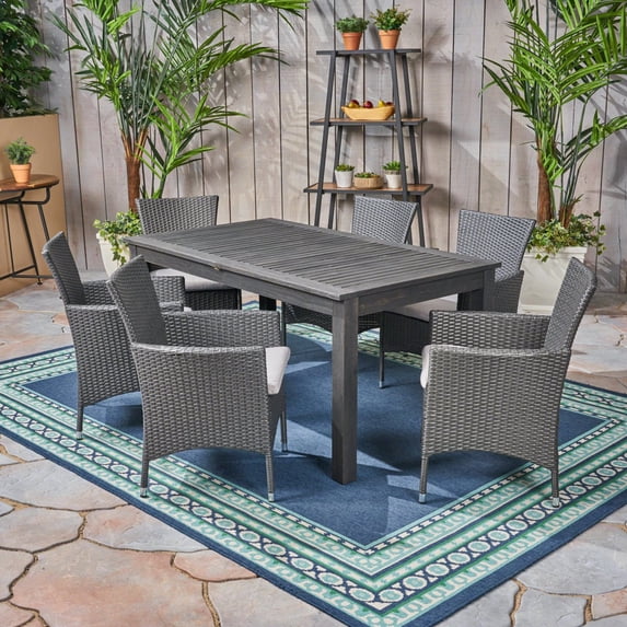 Austin Outdoor Wood and Wicker Expandable Dining Set