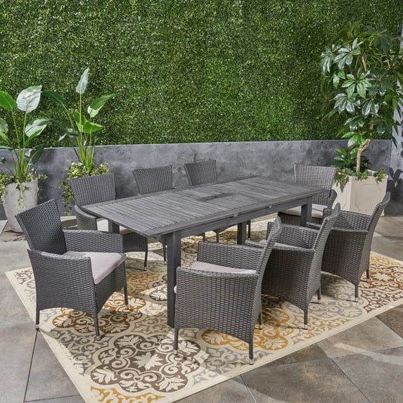 GDF Studio Aloha Outdoor Acacia Wood and Wicker 9 Piece Expandable Dining Set, Sandblasted Dark Gray, Gray, and Light Gray