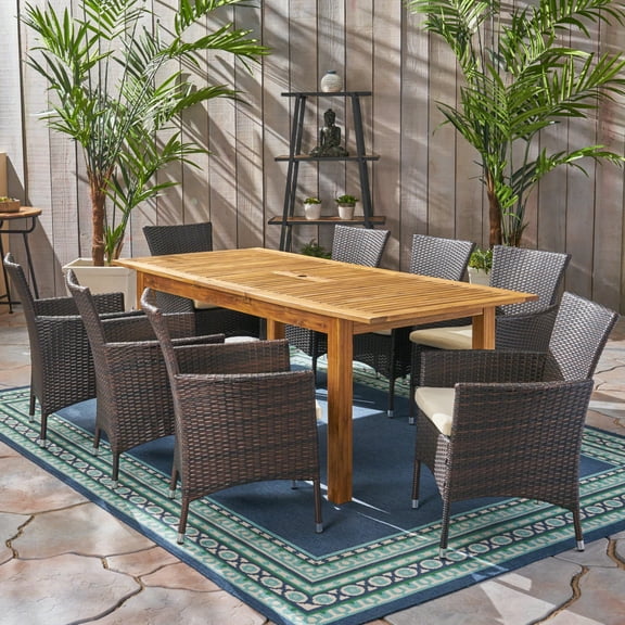 GDF Studio Aloha Outdoor Acacia Wood and Wicker 9 Piece Expandable Dining Set, Sandblasted Natural, Multibrown, and Beige