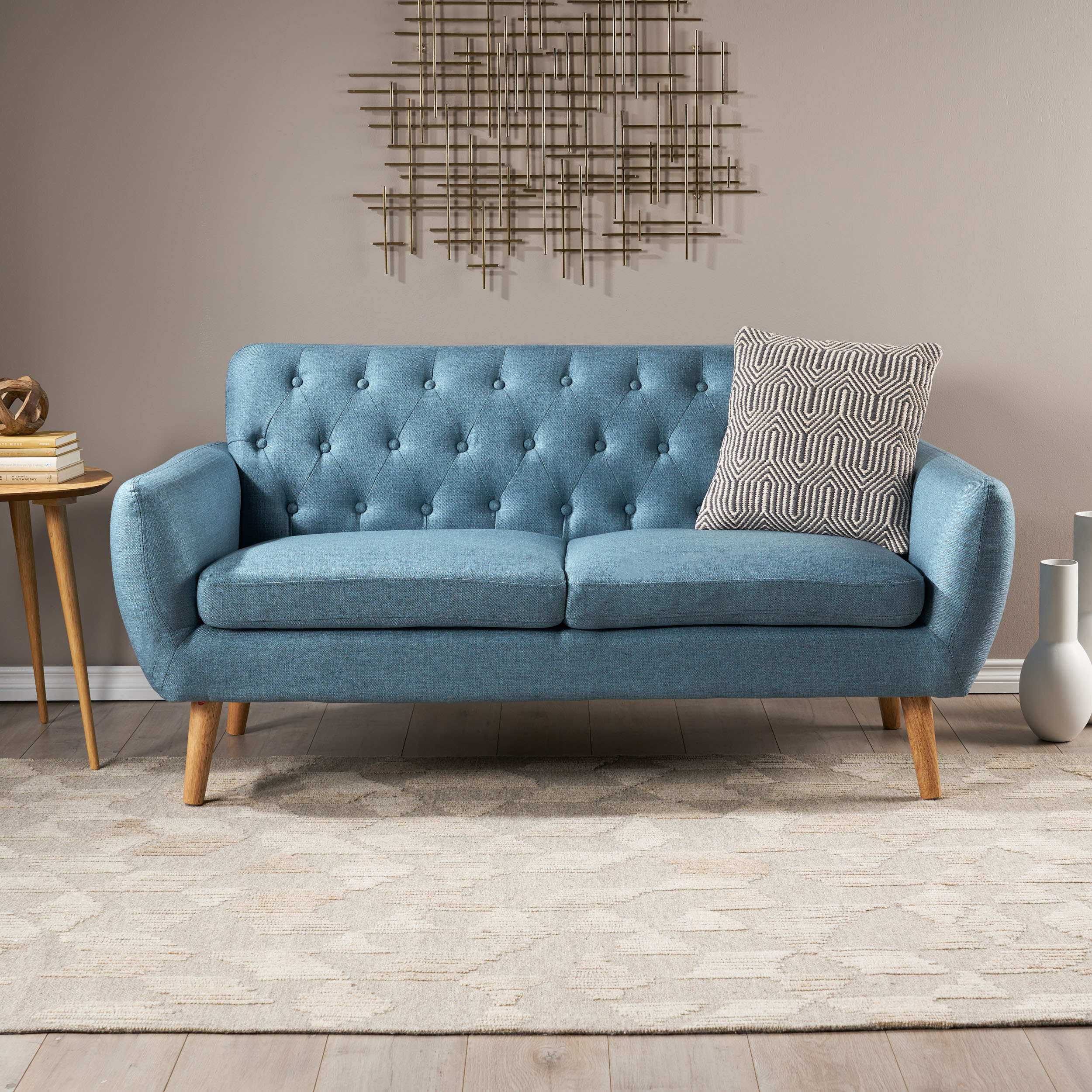 GDF Studio Alscot Mid Century Modern Fabric Tufted Oversized Loveseat, Blue and Natural - image 1 of 8