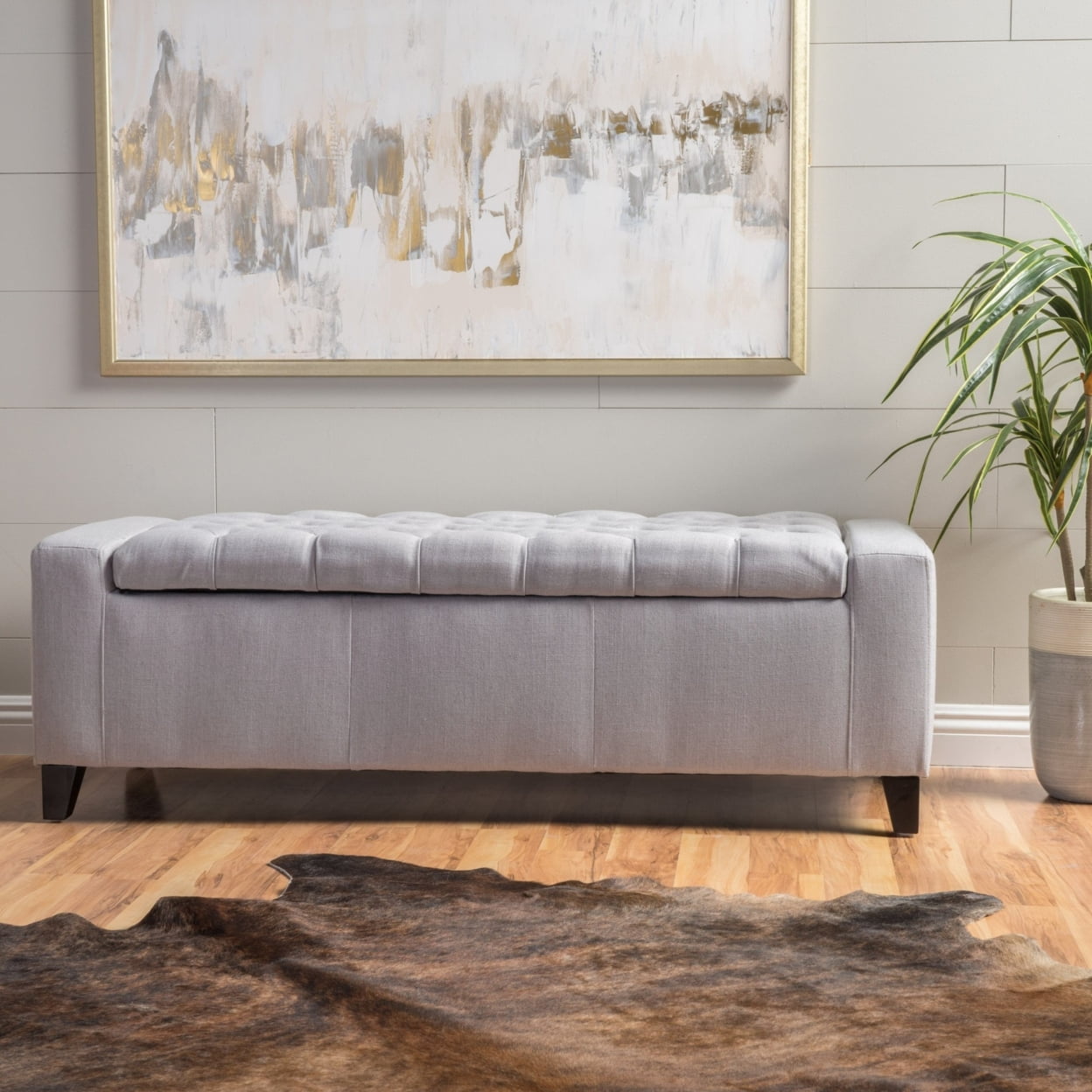 Light Sky Blue Tufted Linen Storage Ottoman with Dark Brown Legs