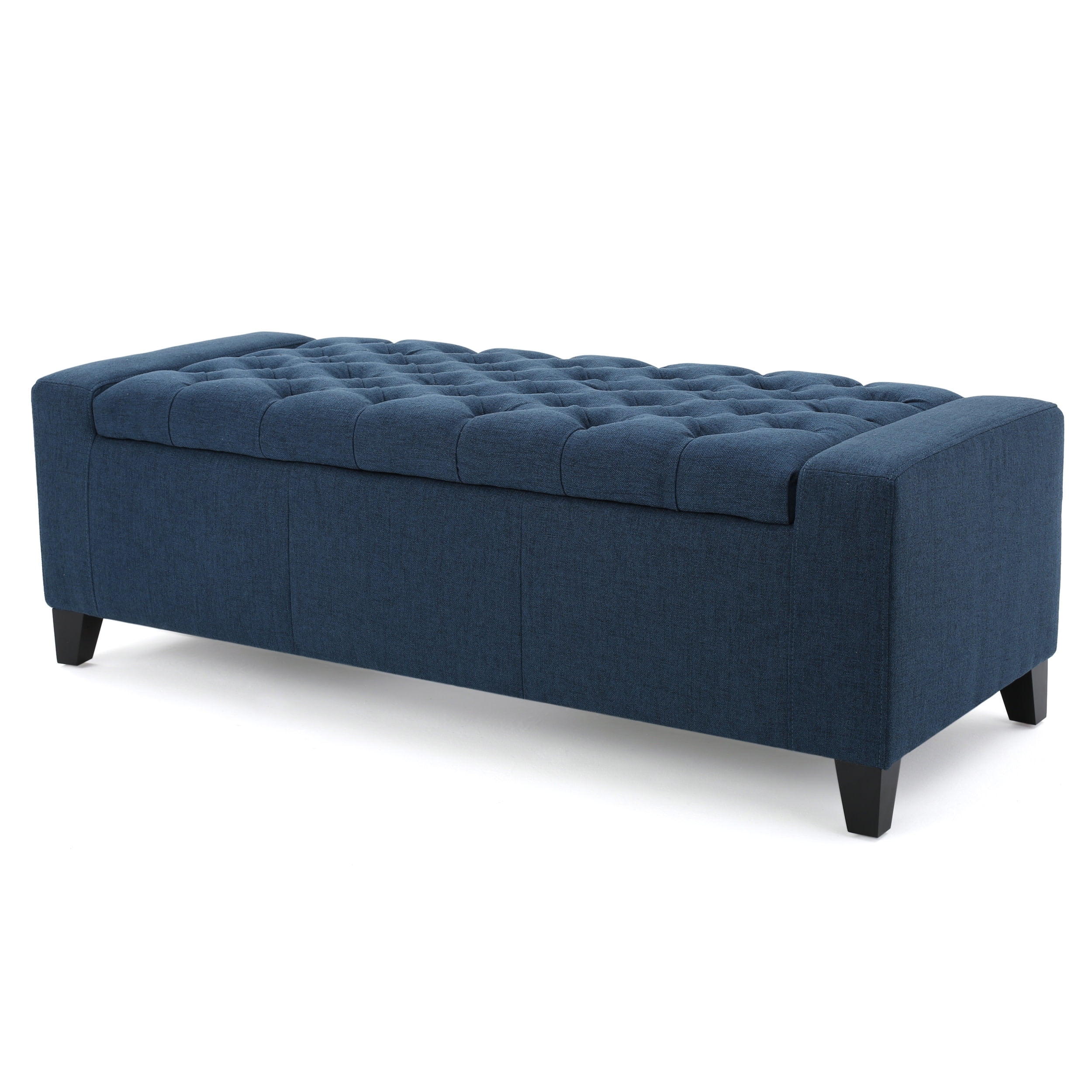 Dark Blue Tufted Fabric Storage Ottoman with Birch Legs