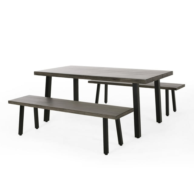 GDF Studio Altair Outdoor Modern Industrial 3 Piece Aluminum Dining Set with Benches, Gray and Matte Black