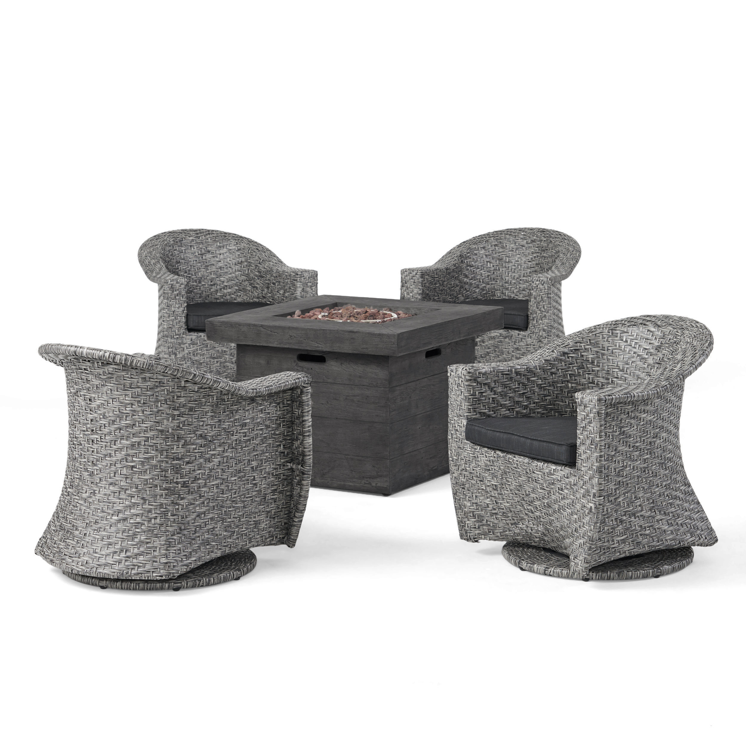 GDF Studio Amata Outdoor Wicker 5 Piece Swivel Club Chair and Fire Pit Set, Mixed Black, Dark Gray, and Gray - image 1 of 13