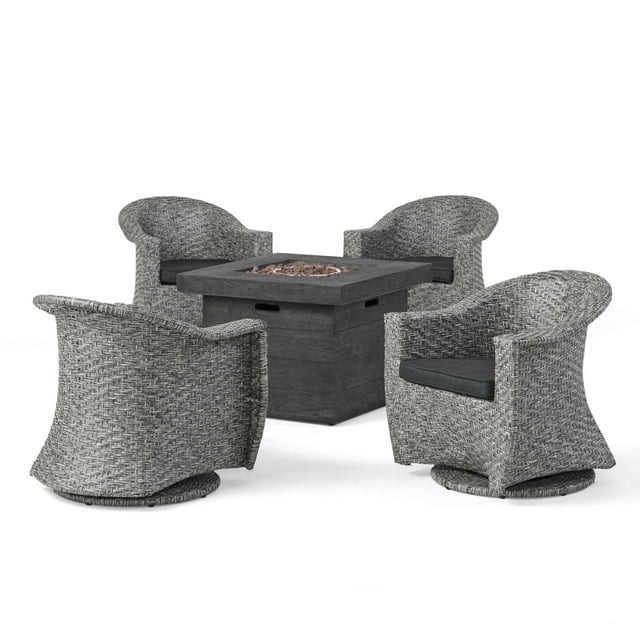 GDF Studio Amata Outdoor Wicker 5 Piece Swivel Club Chair and Fire Pit Set, Mixed Black, Dark Gray, and Gray