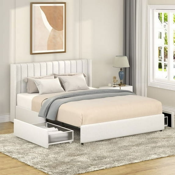 GDF Studio Anda Queen Size Boucle Upholstered Platform Bed with 2 Drawers Storage, Ivory