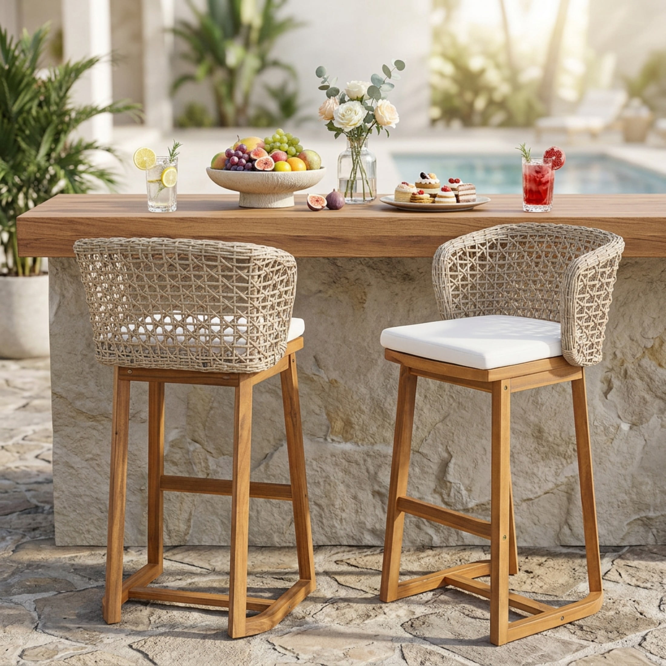 Christopher Knight Home Dome Outdoor Bar Stool Acacia Wood and Light Brown Wicker, Set of 2